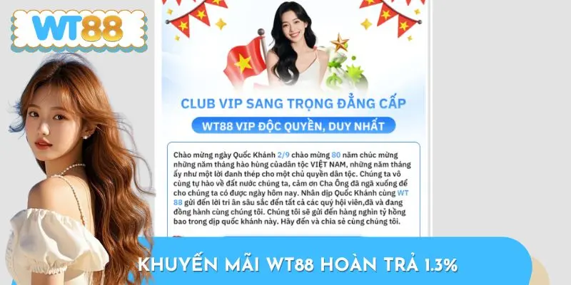 Khuyến mãi WT88 hoàn trả 1.3% cho mọi thành viên mỗi ngày